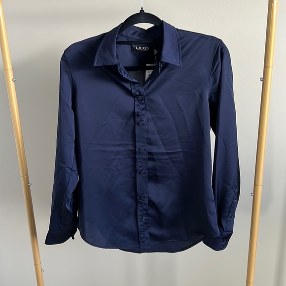 NWT Lauren Ralph Lauren Navy Satin Button Up - M petite - Picture 2 of 8